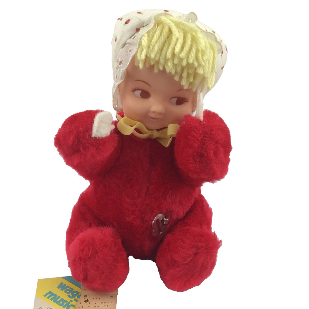 VTG 1981 Eden Waggie Musical Baby Doll Plush Red Toy Wind Up w/ Tags Moves WORKS
